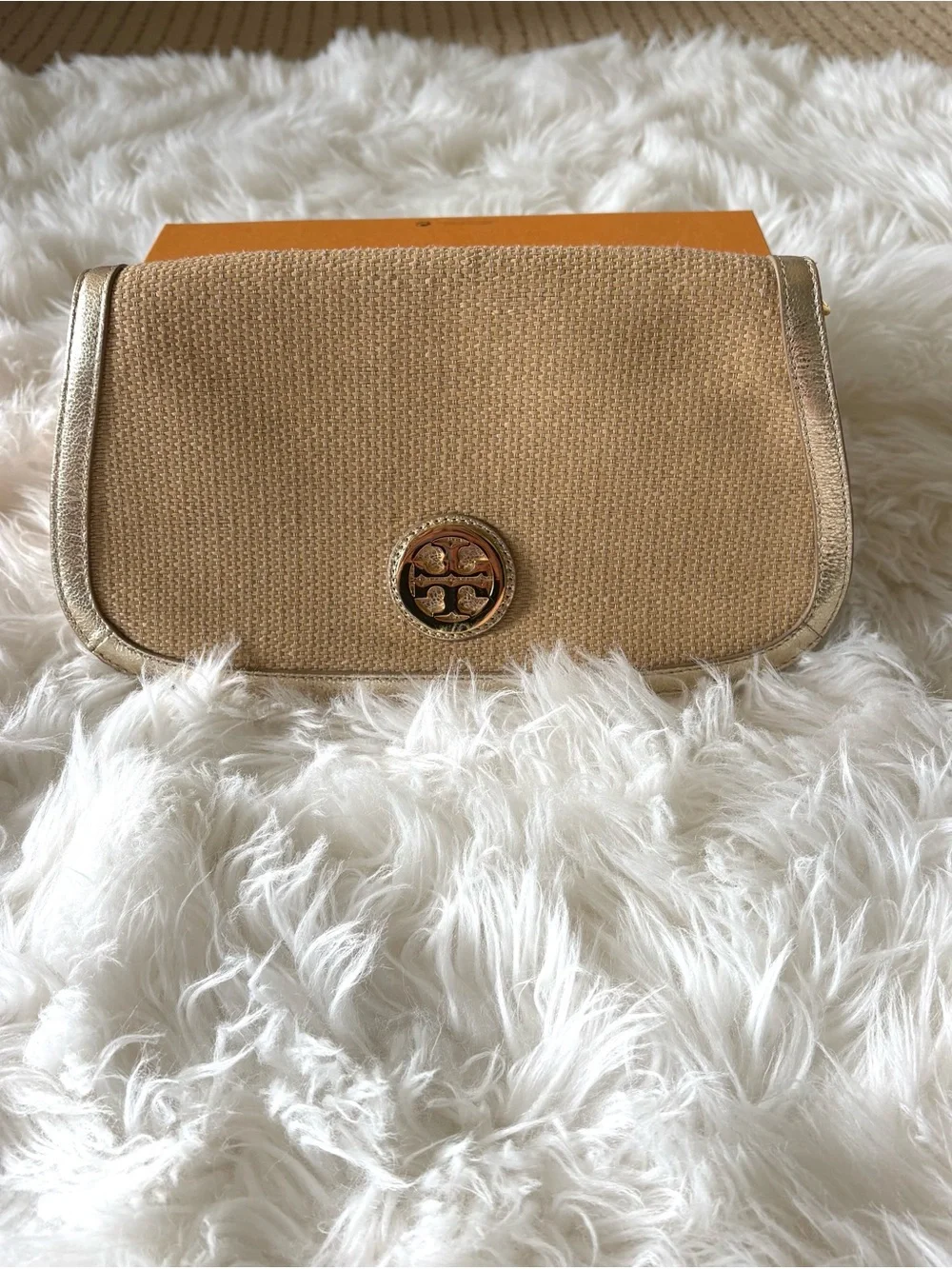 Tory Burch Raffia & Gold Crossbody Clutch